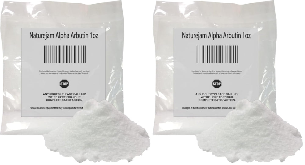 Naturejam Alpha Arbutin powder bottle close-up for even skin tone support.