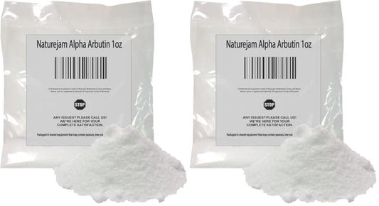 Naturejam Alpha Arbutin powder bottle close-up for even skin tone support.