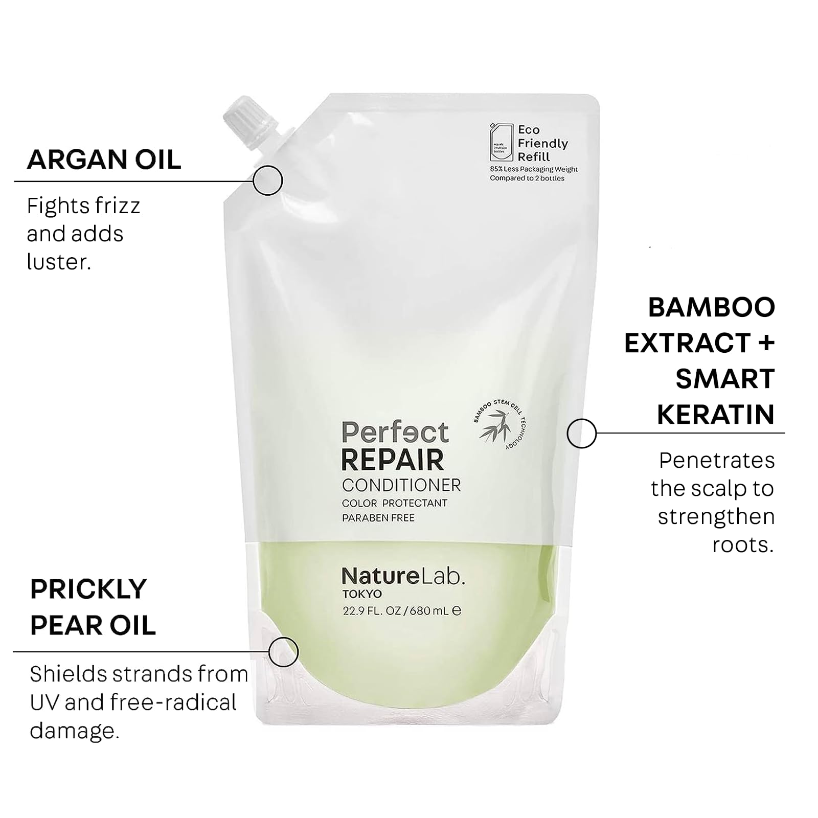 NatureLab.TOKYO argan oil image highlights shine and frizz control.