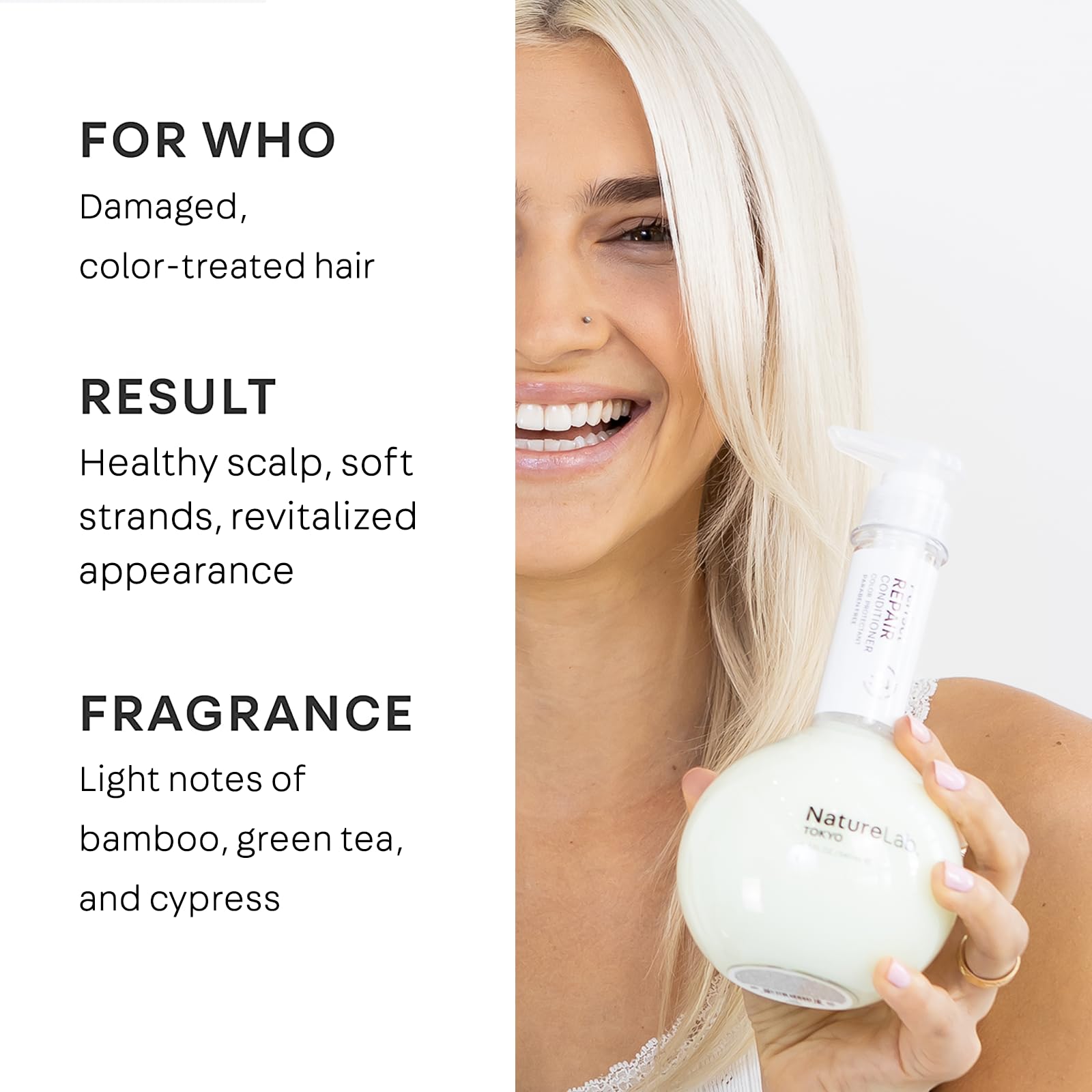 NatureLab.TOKYO bamboo extract visual showcases root-strengthening benefits.