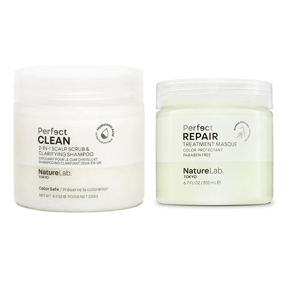 NatureLab.TOKYO Perfect Clean Scrub bottle shown for scalp refresh and buildup removal.