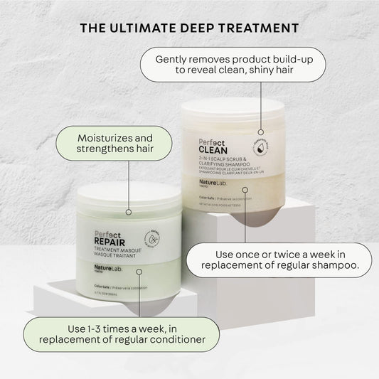 NatureLab.TOKYO Perfect Clean Scrub bottle demonstrates scalp refresh and buildup removal.