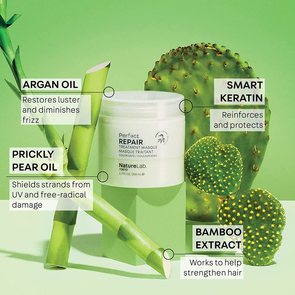 NatureLab.TOKYO Perfect Repair Masque application on hair for smoothness and damaged strand repair.