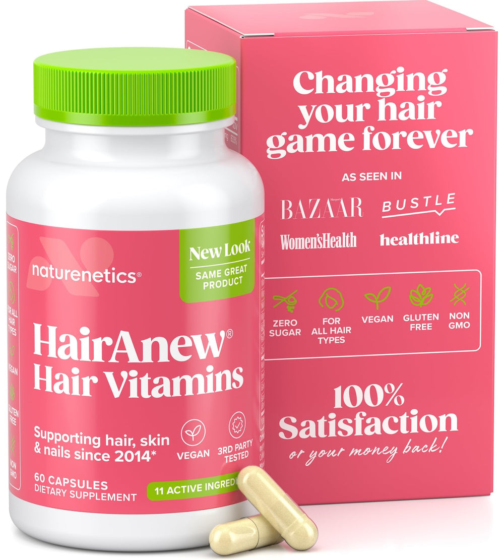Naturenetics HairAnew bottle front with capsules for hair growth.