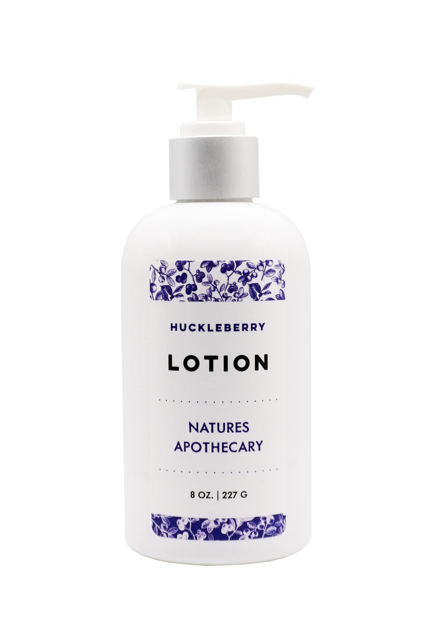 NATURE'S APOTHECARY Huckleberry Lotion bottle with pump delivering quick hydration for dry skin.