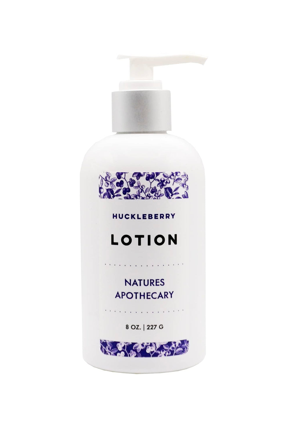 NATURE'S APOTHECARY Huckleberry Lotion bottle with pump delivering quick hydration for dry skin.