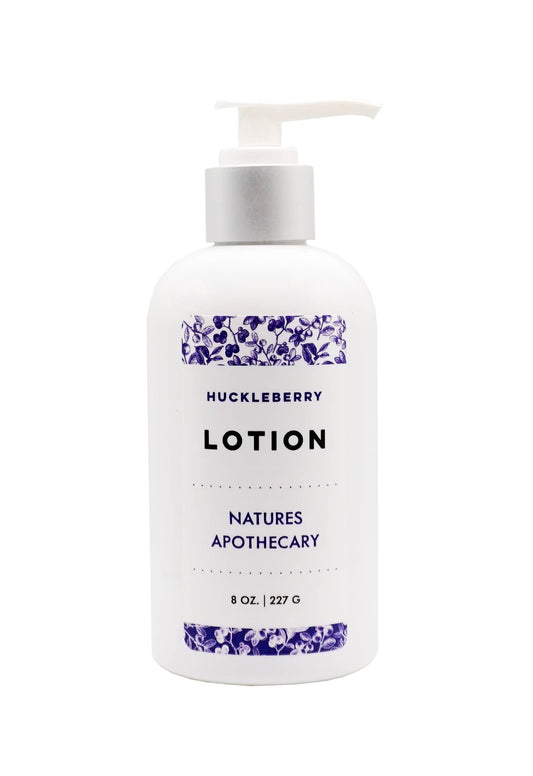 NATURE'S APOTHECARY Huckleberry Lotion bottle with pump delivering quick hydration for dry skin.