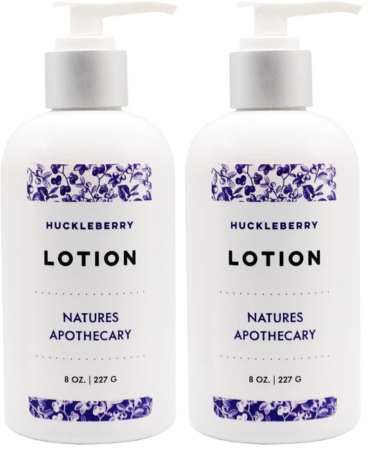 Nature's Apothecary Huckleberry Lotion bottle delivering silky hydration for dry skin