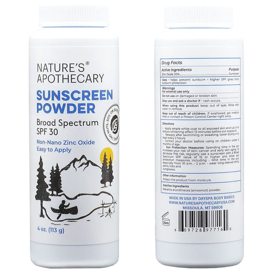 Nature's Apothecary sunscreen powder applicator demonstrates easy portable application.