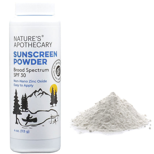 Nature's Apothecary zinc oxide sunscreen powder compact for quick on the go sun protection.