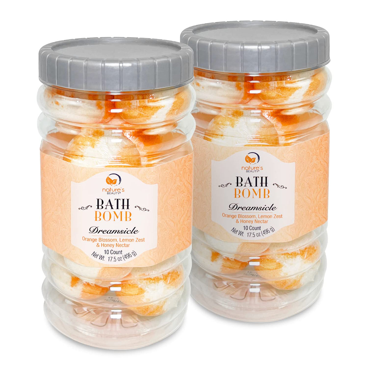 Nature's Beauty Dreamsicle orange blossom bath bomb with citrus aroma for a relaxing soak