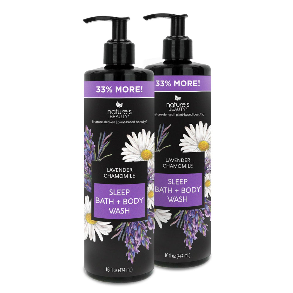 Nature's Beauty Lavender Chamomile Sleep Body Wash bottle pour for calming routine
