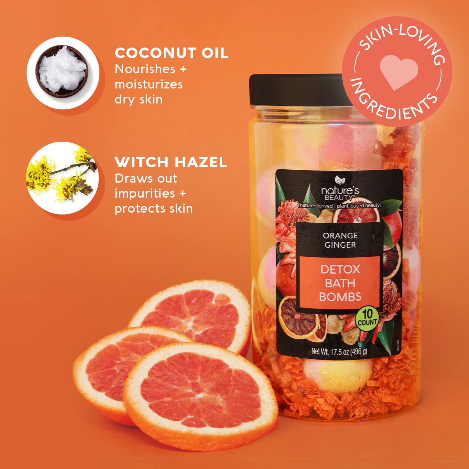 Nature's Beauty detox bath bombs close-up with fizzing water and citrus aroma