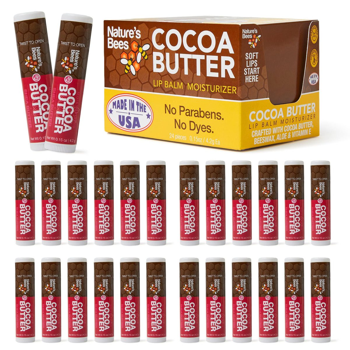Nature’s Bees Cocoa Butter Lip Balm 24-pack front view highlighting hydrating lip care