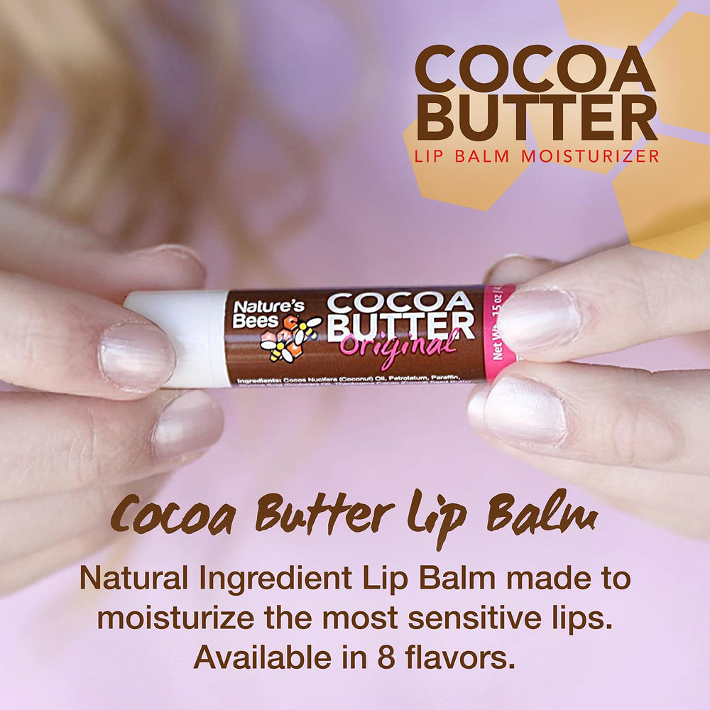 Nature’s Bees Cocoa Butter Lip Balm tubes in Shea Butter flavor displayed for dry lip care