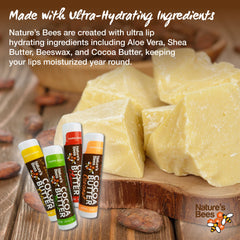 Nature’s Bees Cocoa Butter Lip Balm close-up showing cocoa and shea ingredients