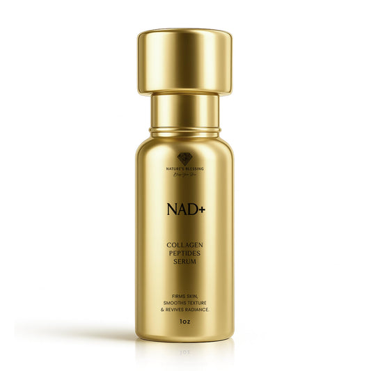Nature's Blessing NAD+ Serum bottle highlights hydration for radiant skin.