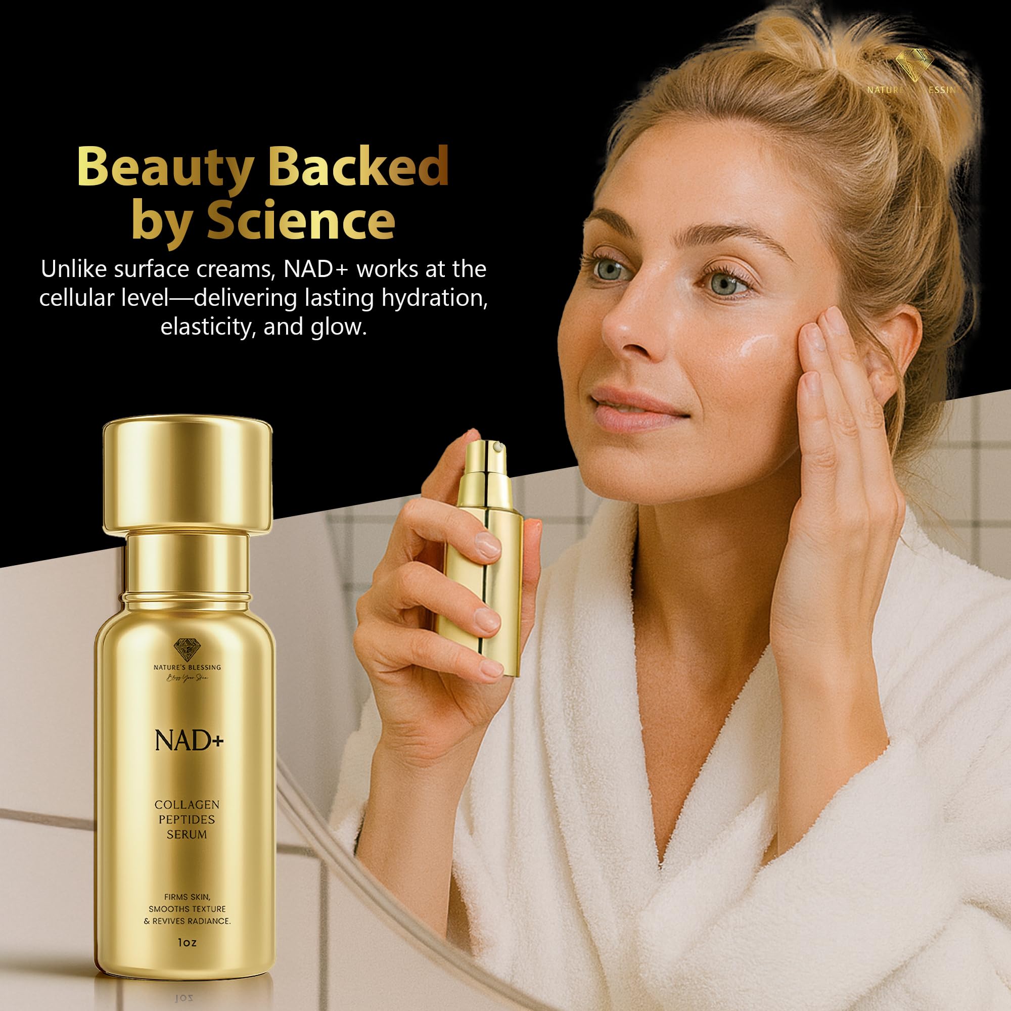Nature's Blessing NAD+ Serum glow after application, smoother skin.