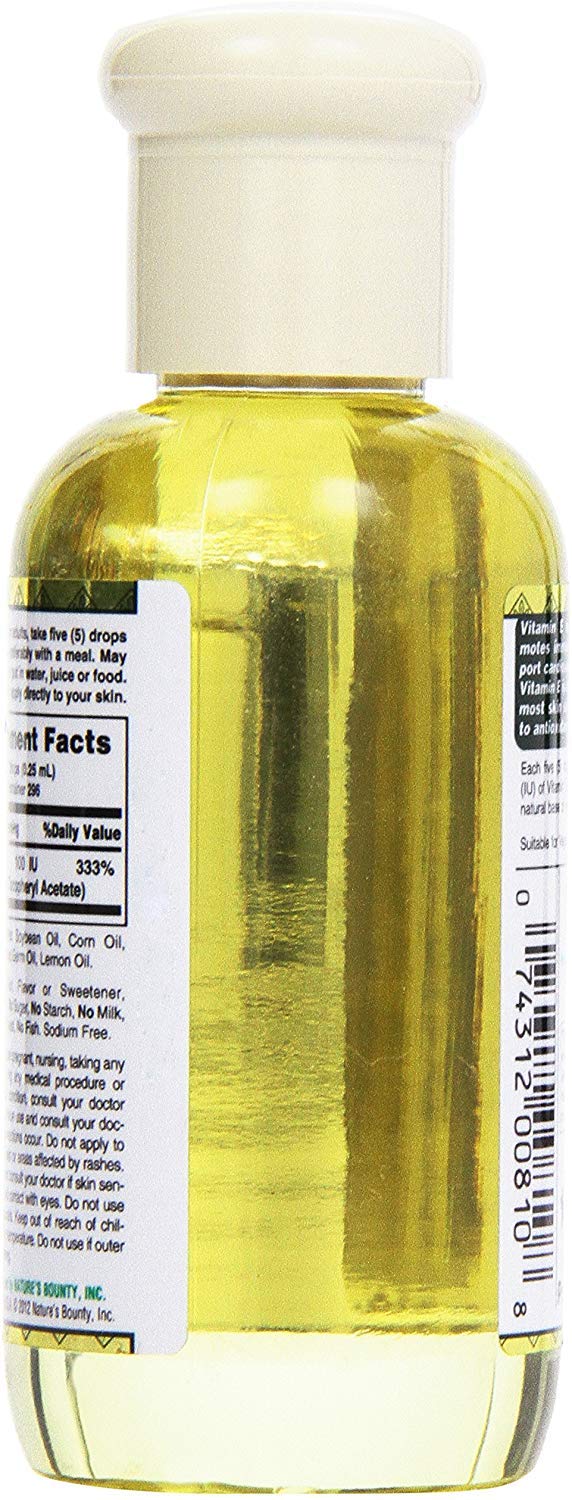 Nature's Bounty E Oil ingredient panel highlights vegetarian formula.