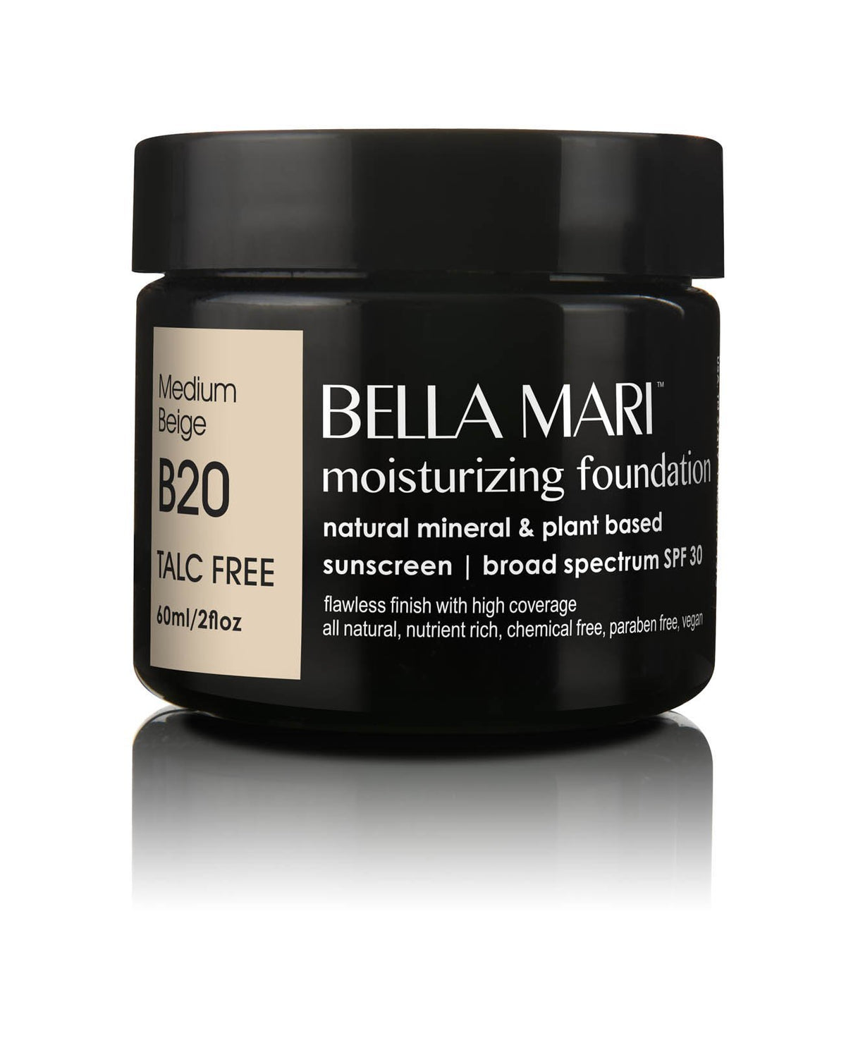 Nature's Brands Bella Mari Foundation bottle with natural coverage and SPF 30 protection for daytime wear
