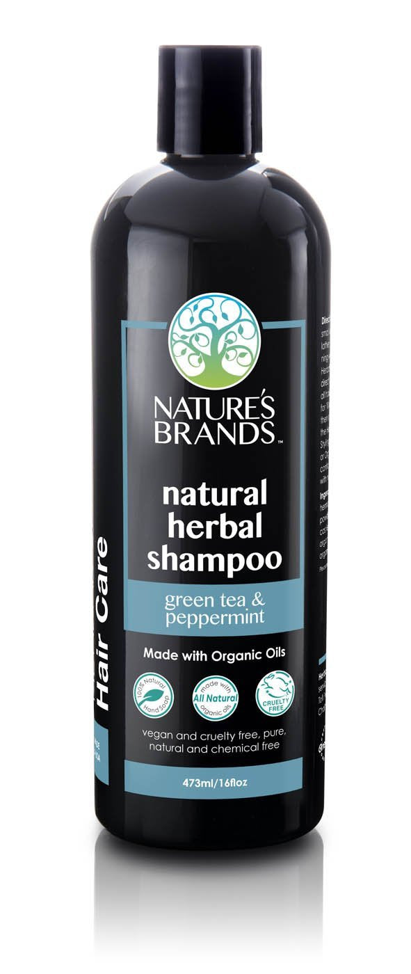 Nature's Brands Natural Shampoo bottle with green tea and peppermint for refreshing scalp care