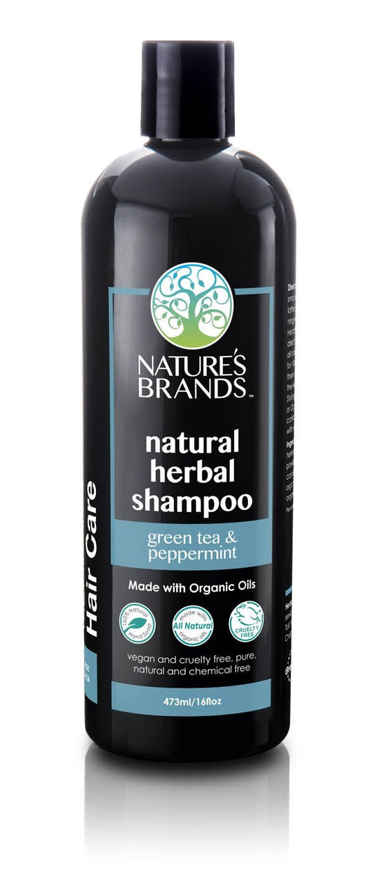 Nature's Brands Natural Shampoo bottle with green tea and peppermint for refreshing scalp care