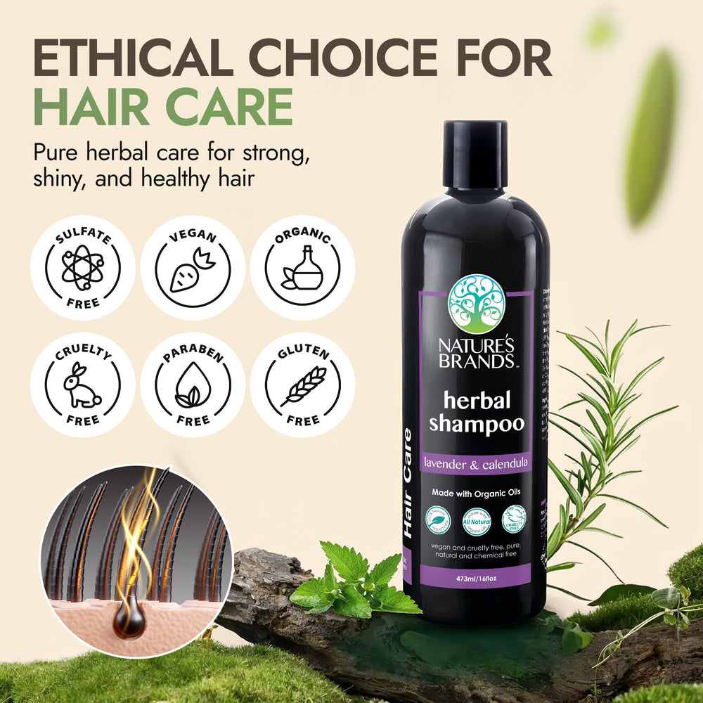 Nature's Brands Herbal Choice Mari shampoo bottle against violet packaging emphasizing vegan credentials.