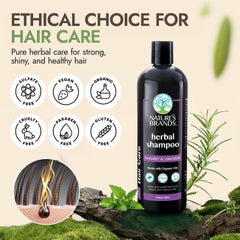 Nature's Brands Herbal Choice Mari shampoo bottle against violet packaging emphasizing vegan credentials.
