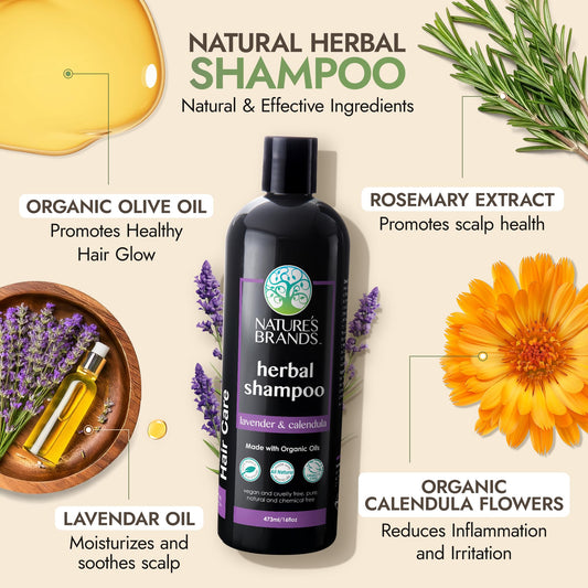 Herbal Choice Mari lavender calendula shampoo with lavender buds and calendula petals for soothing use.
