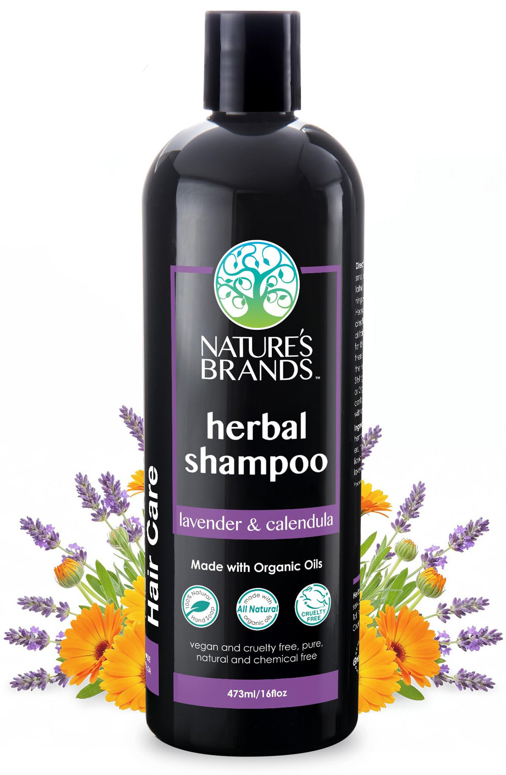 Nature's Brands Herbal Choice Mari lavender calendula shampoo bottle highlighting organic ingredients.