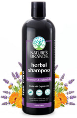 Nature's Brands Herbal Choice Mari lavender calendula shampoo bottle highlighting organic ingredients.