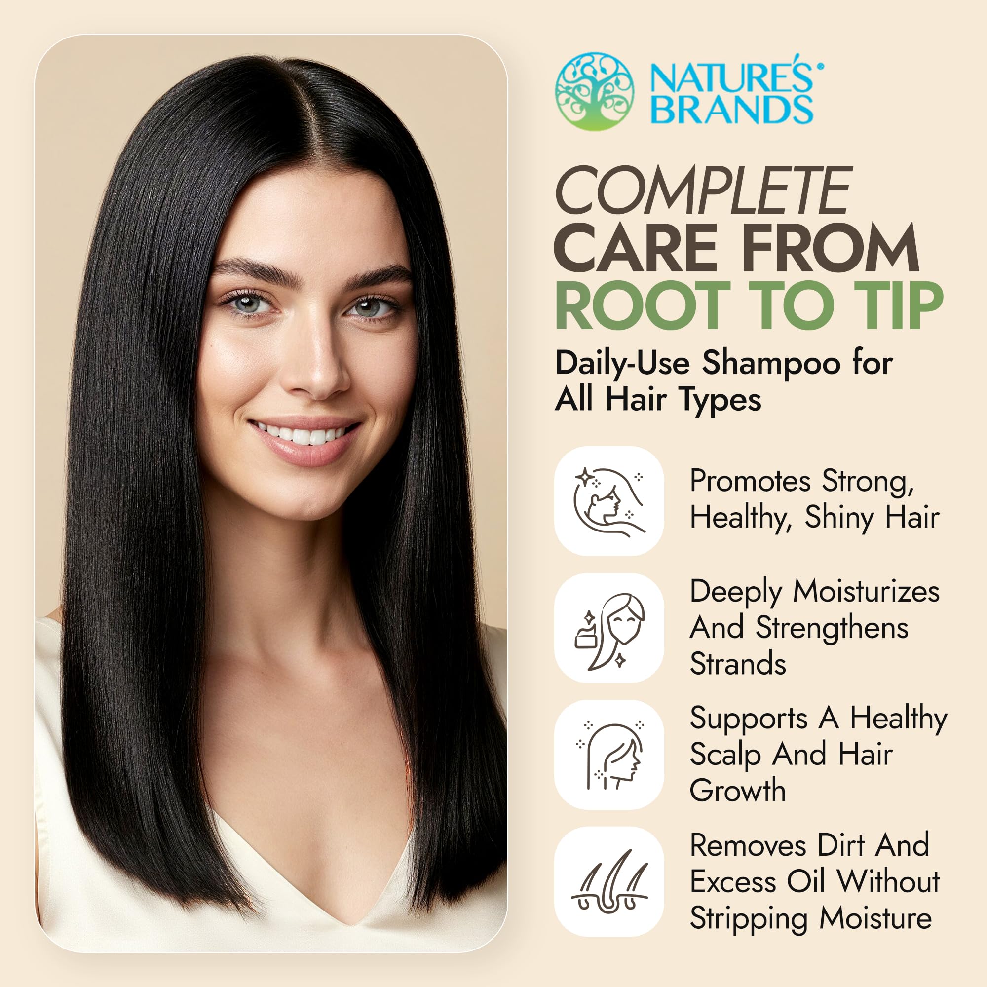 Nature's Brands Mari shampoo organic ingredients label showing no parabens or sulfates.