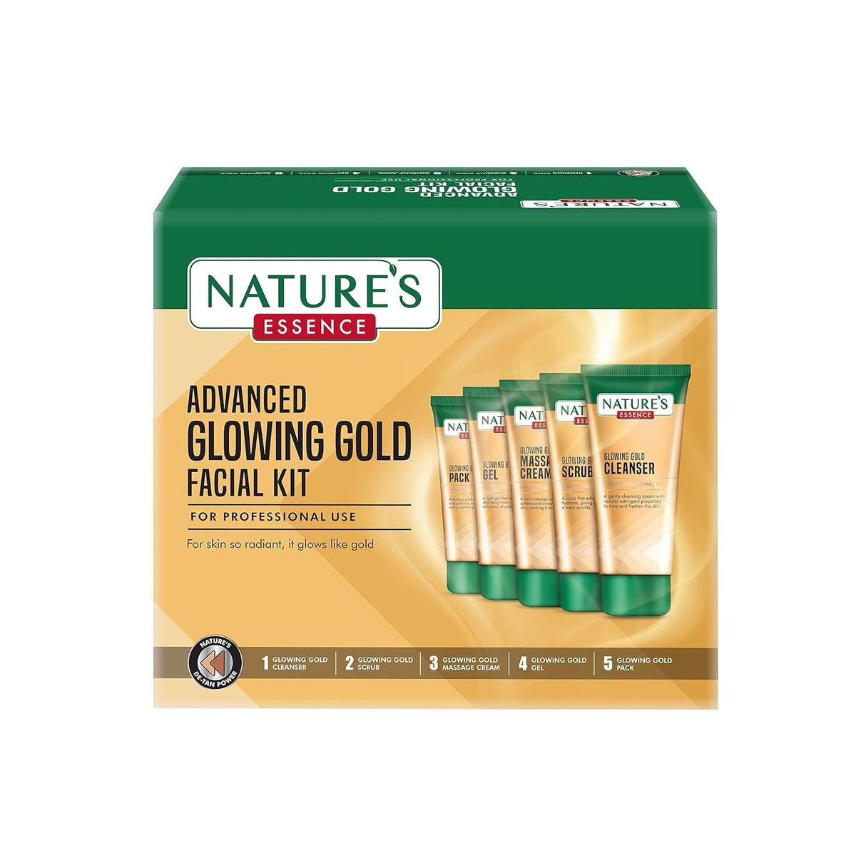 NATURES ESSENCE Glowing Gold kit pre-facial detan therapy for refreshed skin.