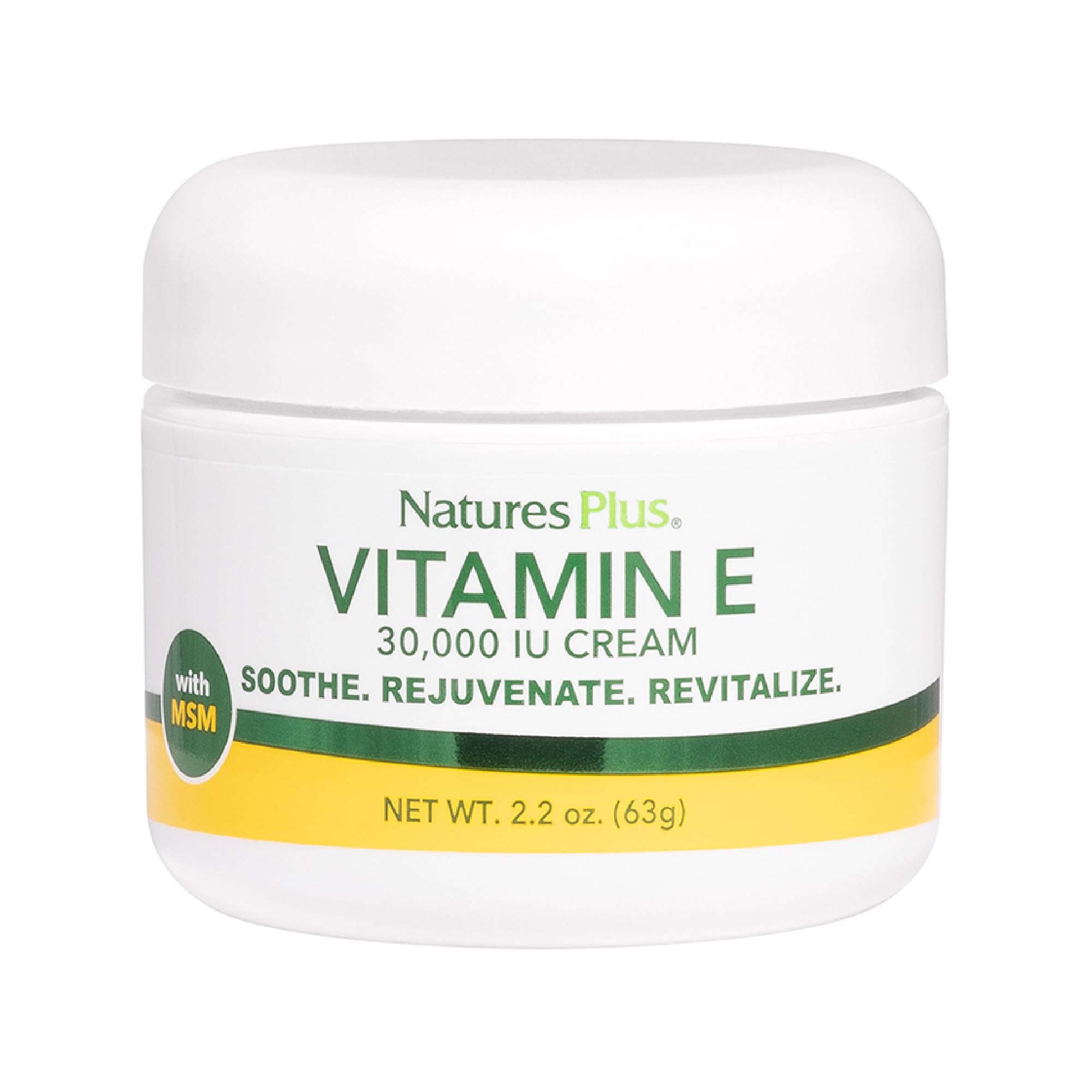 NaturesPlus Vitamin E Cream jar close-up, highlighting rich hydration.