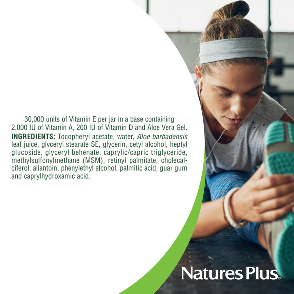 NaturesPlus Vitamin E Cream with Aloe Vera and MSM ingredients.