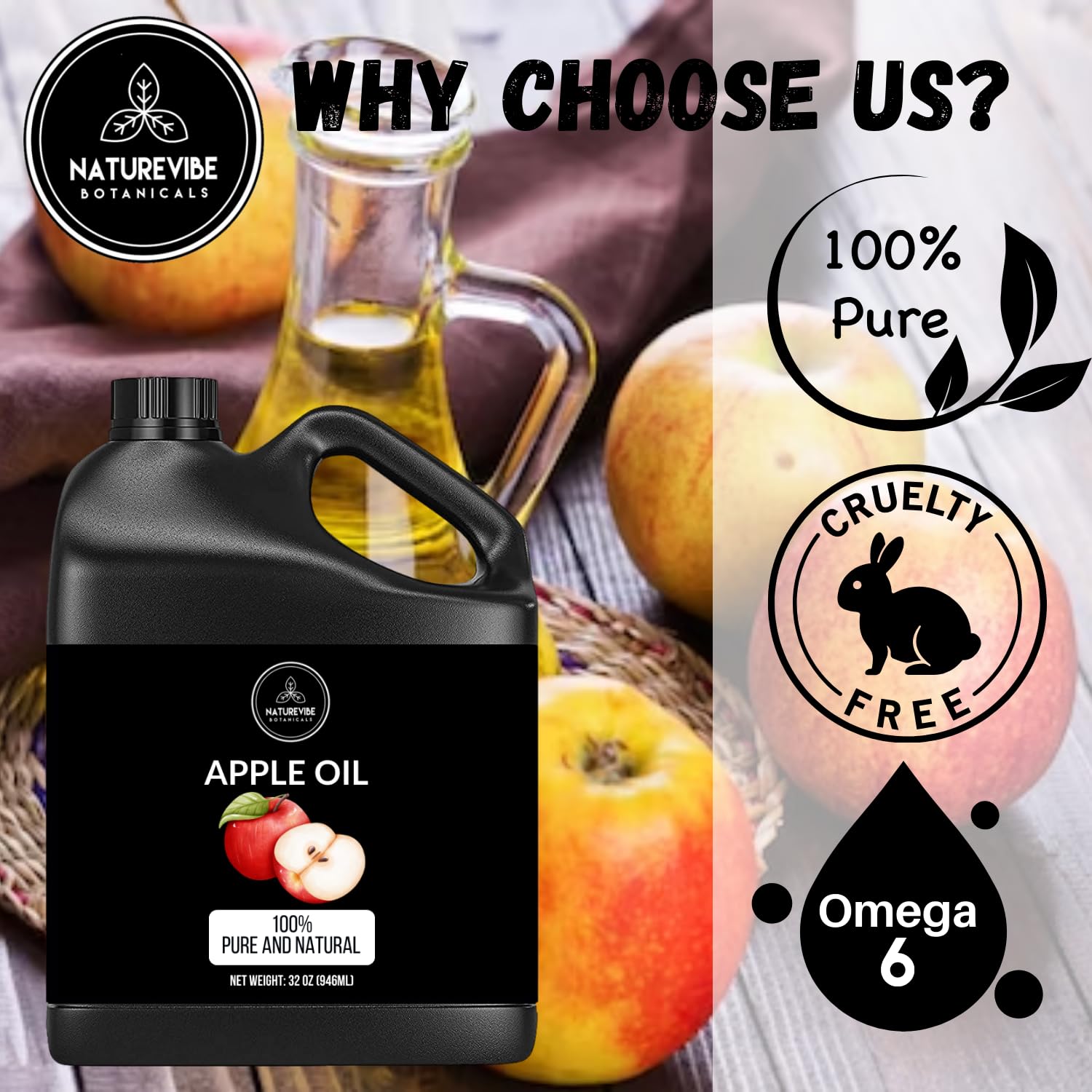 Glass bottle of Naturevibe Apple Seed Oil on a neutral background