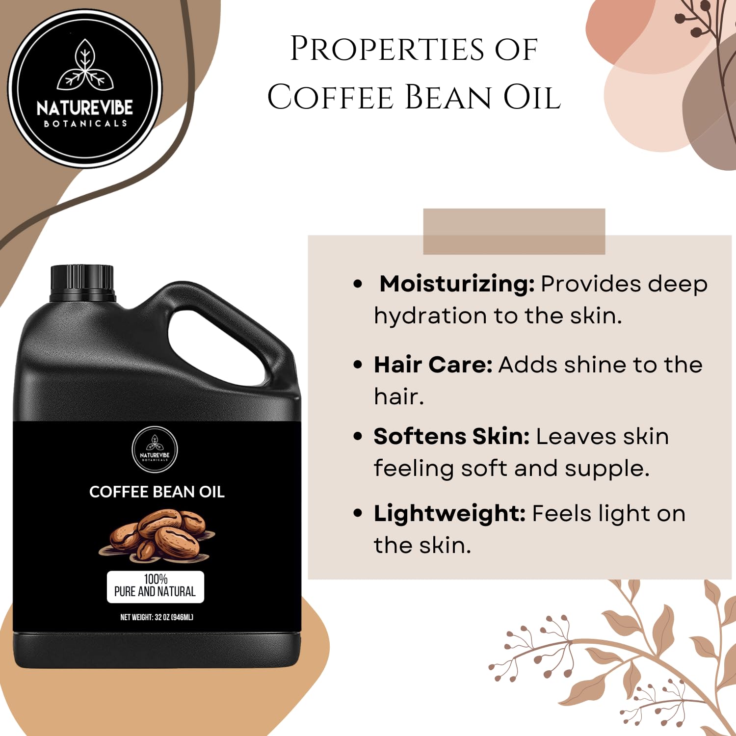 Naturevibe Botanicals Coffee Bean Oil skin care use for hydration and softness.