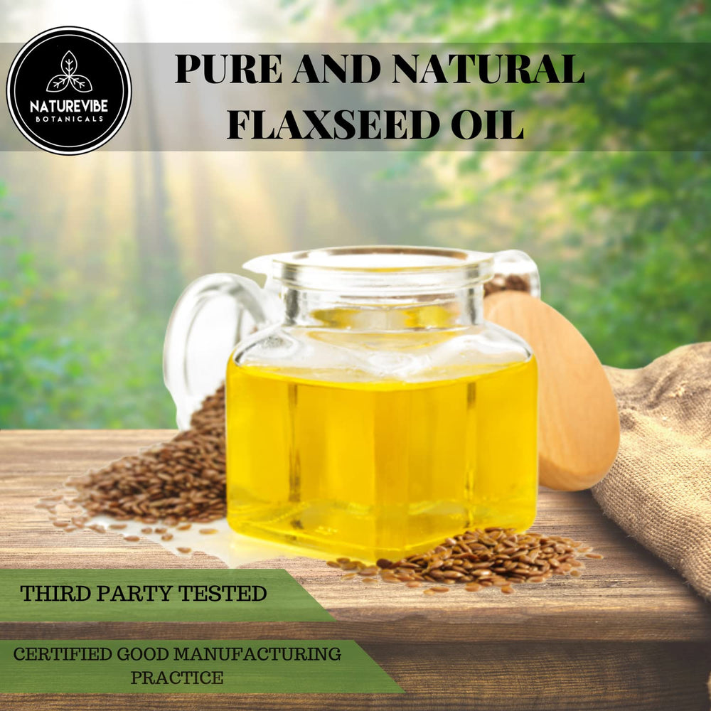Close-up of Naturevibe Botanicals flaxseed oil—amber bottle preserves freshness.