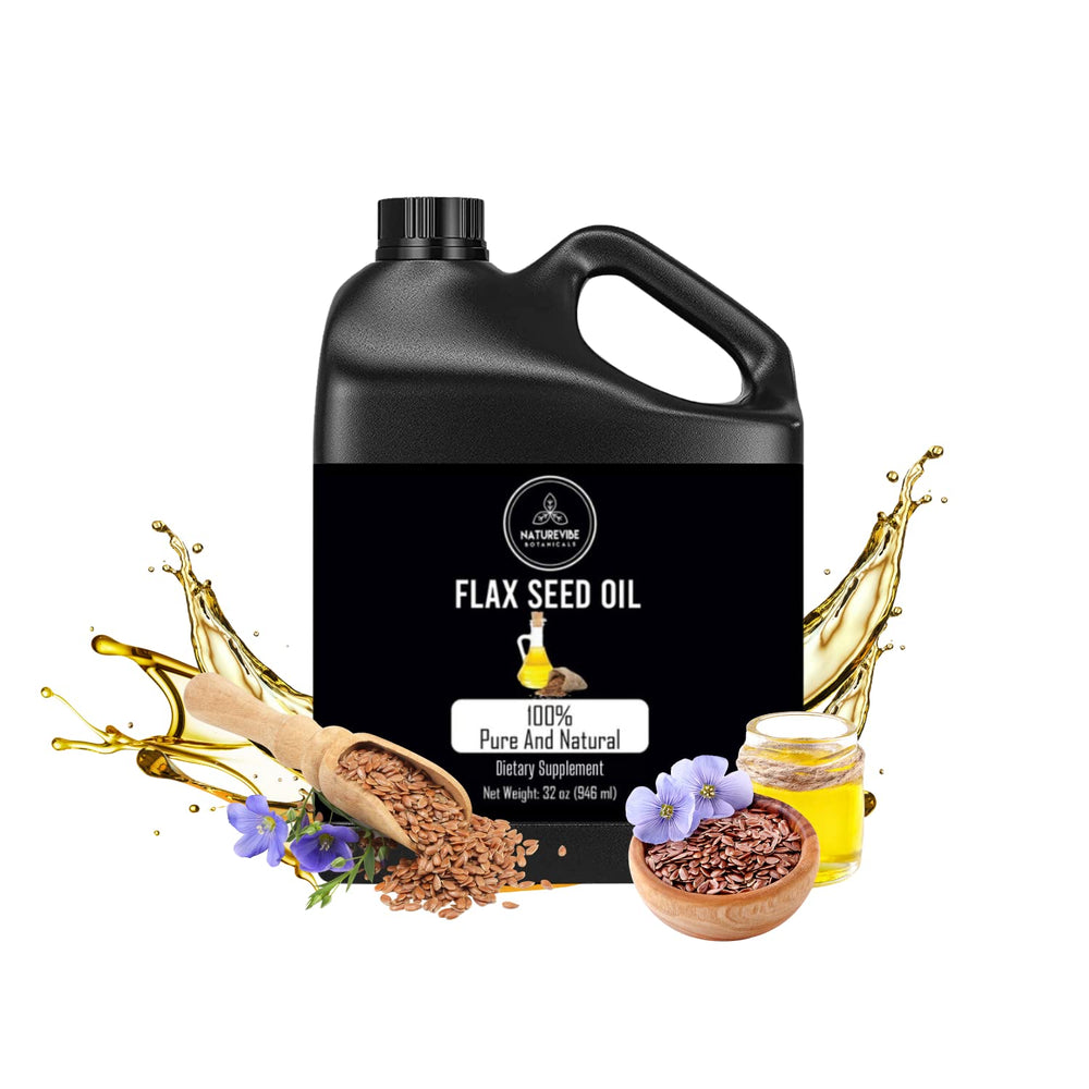 Naturevibe Botanicals Flaxseed Oil being poured—light texture for quick skin hydration.