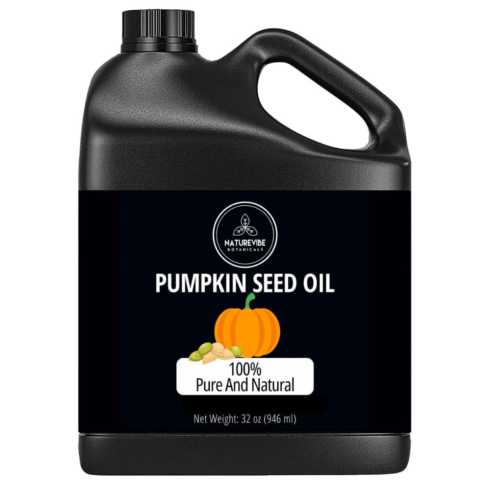 Naturevibe Botanicals pumpkin seed oil bottle front view for skin hydration.