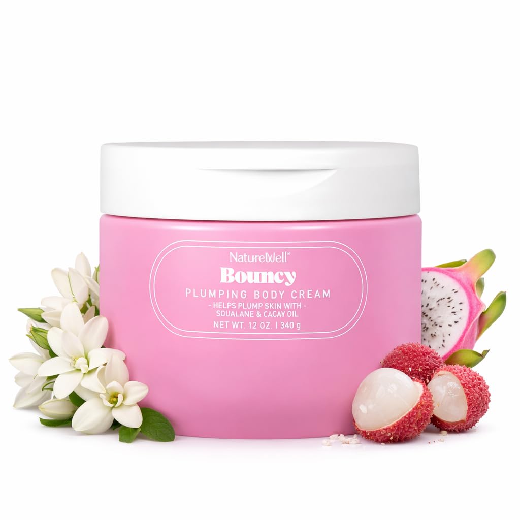 NatureWell Bouncy Body Cream bottle shows lightweight hydration in action