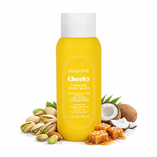 NatureWell Cheeky Firming Cleansing Body Wash bottle pouring pistachio almond coconut scent