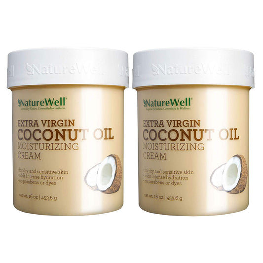 NatureWell Coconut MCT Moisturizing Cream bottle provides deep hydration for all skin types.