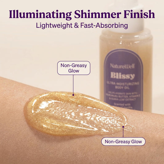 Close-up of the oil’s iridescent shimmer for a sun-kissed finish.