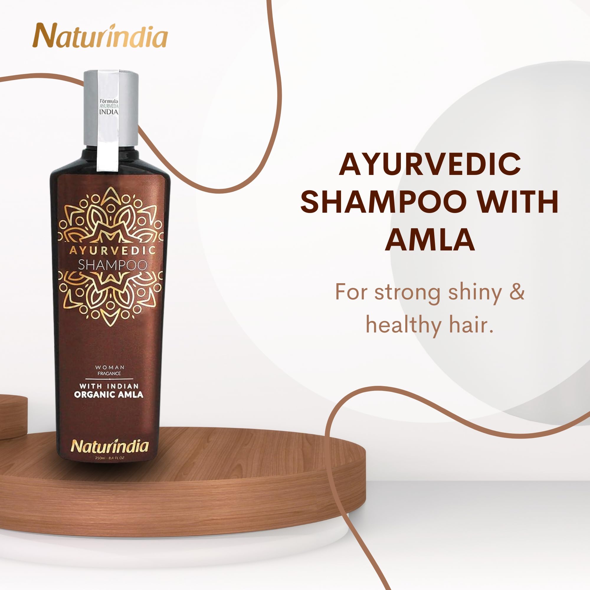 Naturindia Amla shampoo ingredients panel highlights organic amla and B-complex.