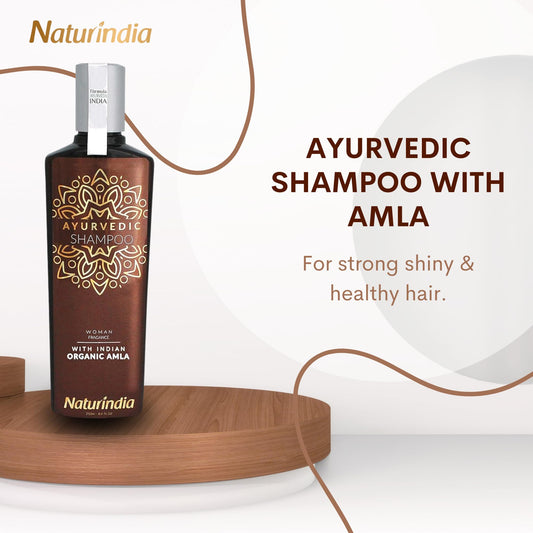 Naturindia Amla shampoo ingredients panel highlights organic amla and B-complex.