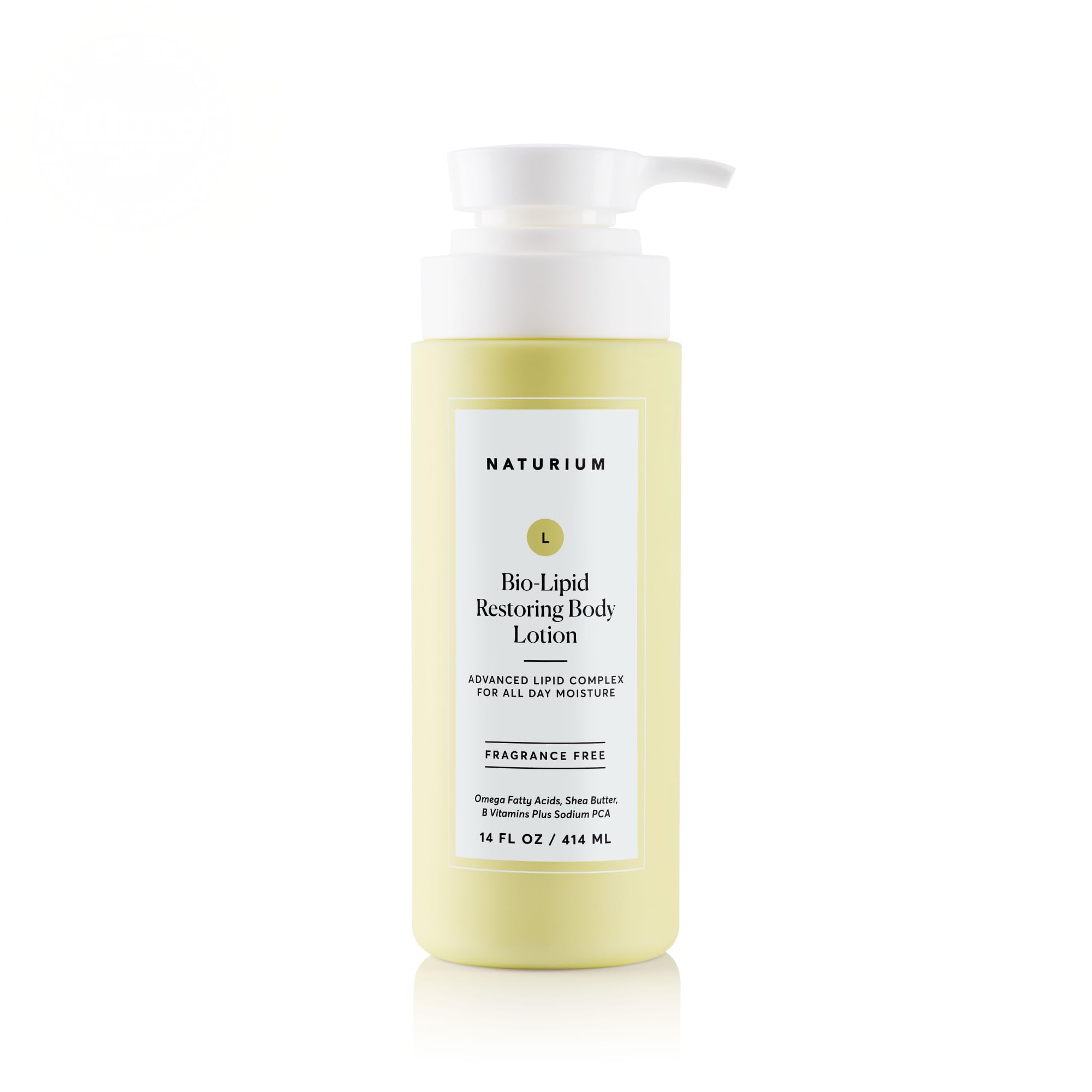Naturium Bio-Lipid Restoring Body Lotion label front showing fragrance-free, hydrating care for all skin types.