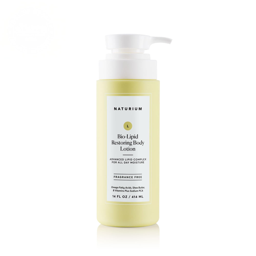 Naturium Bio-Lipid Restoring Body Lotion label front showing fragrance-free, hydrating care for all skin types.