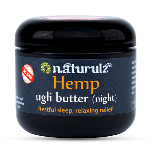 Naturulz Ugli Butter Night Cream bottle on nightstand ready for nightly routine.