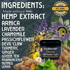 Naturulz Ugli Butter Night Cream ingredient label highlights hemp and botanicals.